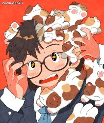 Rule 34 | 1boy, 2023, animal-shaped pupils, arms up, artist name, black-framed eyewear, black eyes, black hair, blazer, blue jacket, blue necktie, buttons, calico, cat, closed eyes, collared shirt, commentary request, dated commentary, fingernails, glasses, highres, jacket, looking at viewer, looking up, male focus, necktie, onoconokoko0625, open mouth, orange background, original, school uniform, shirt, short hair, simple background, solo, split head, surprised, sweat, tareme, teeth, too many, too many cats, upper body, upper teeth only, white shirt, yellow pupils
