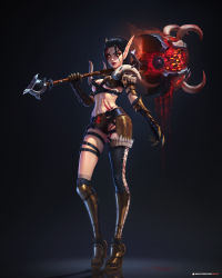 Rule 34 | 1girl, armor, barbarian, bikini armor, black hair, blood, boots, bra, breasts, ear piercing, earrings, elf, fanfoxy, fury (movie), gauntlets, hammer, heart, highres, holding, holding weapon, jewelry, knee boots, kneehighs, looking at viewer, medium breasts, navel, panties, piercing, pointy ears, red lips, shoulder armor, single kneehigh, single sock, single thighhigh, socks, tattoo, thighhighs, thighs, underwear, warcraft, warrior, weapon, world of warcraft, yellow eyes