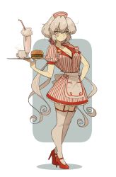 Rule 34 | 1950s (fashion), 1girl, annoyed, black eyes, breasts, burger, cleavage, coffee cup, cup, disposable cup, dress, food, full body, gutalalaman, high heels, highres, holding, holding tray, ice cream, ice cream float, large breasts, long hair, looking at viewer, red footwear, senki zesshou symphogear, shoes, solo, striped clothes, striped dress, thighhighs, tray, twintails, v-shaped eyebrows, very long hair, vintage clothes, waitress, yukine chris