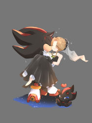 Rule 34 | 1boy, 1girl, ^ ^, black dress, black gloves, blonde hair, blue eyes, bouquet, carrying, chao (sonic), closed eyes, closed mouth, dress, closed eyes, flower, full body, furry, furry male, furry with non-furry, gloves, grey background, heart, hetero, interspecies, kiss, kissing cheek, maria robotnik, princess carry, sega, shadow the hedgehog, shoes, simple background, smile, sonic (series), tondamanuke