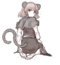 Rule 34 | 1girl, animal ears, barefoot, blush, capelet, feet, female focus, flying sweatdrops, kuro suto sukii, looking back, monochrome, mouse ears, mouse tail, nazrin, pointing, seiza, short hair, sitting, skirt, soles, solo, tail, toes, touhou