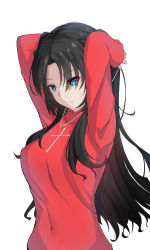 Rule 34 | absurdres, arms up, black hair, blue eyes, breasts, bright pupils, commentary, covered navel, fate/stay night, fate (series), hair down, highres, jewelry, long hair, looking away, miyoshikakuno, navel, pendant, red sweater, simple background, solo, sweater, tight clothes, tohsaka rin, upper body, white background, white pupils