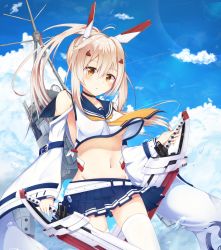 Rule 34 | 1girl, absurdres, ayanami (azur lane), azur lane, blue sky, blurry, breasts, choker, cloud, cloudy sky, commentary request, depth of field, detached sleeves, dual wielding, hair ornament, hairclip, head tilt, highres, holding, holding sword, holding weapon, long hair, looking at viewer, machinery, midriff, navel, ocean, orange eyes, parted lips, pleated skirt, ponytail, retrofit (azur lane), sailor collar, school uniform, serafuku, shirua (s4-42424), silver hair, skirt, sky, solo, standing, sword, thighhighs, underboob, water drop, weapon, white thighhighs, wide sleeves, wind, zettai ryouiki