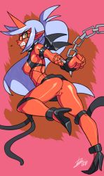 Rule 34 | 10s, 1girl, anus, ass, bad id, bad tumblr id, bigdead, blue hair, bracelet, chain, cleft of venus, collar, colored skin, demon girl, fleeing, glasses, high heels, highres, horns, imminent rape, jewelry, kneesocks (psg), long hair, no panties, panty &amp; stocking with garterbelt, pointy ears, ponytail, pussy, red skin, simple background, single horn, solo, spiked bracelet, spiked collar, spikes, teeth, tentacles, uncensored, very long hair, yellow eyes