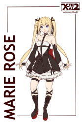 Rule 34 | 1girl, artist name, belt, blonde hair, blue eyes, boots, character name, choker, collar, dead or alive, dead or alive 5, detached sleeves, dress, elbow gloves, female focus, fingerless gloves, flat color, full body, gloves, hair ribbon, long hair, looking at viewer, marie rose, parted lips, ribbon, short dress, solo, thigh strap, twintails, watermark, web address, white background, x-t3al