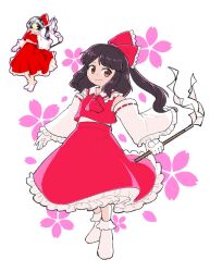 Rule 34 | ascot, bobby socks, bow, brown eyes, brown hair, cherry blossoms, closed mouth, clover (clover11 40), detached sleeves, frilled bow, frilled sleeves, frills, full body, gloves, gohei, hair bow, hakurei reimu, half updo, highres, holding, holding gohei, long hair, long sleeves, looking at viewer, no shoes, nontraditional miko, perfect cherry blossom, petticoat, pom pom (clothes), red ascot, red bow, red ribbon, red skirt, red vest, reference inset, ribbon, ribbon-trimmed sleeves, ribbon trim, sidelocks, skirt, skirt set, smile, socks, standing, touhou, vest, white background, white gloves, white sleeves, white socks, wide sleeves
