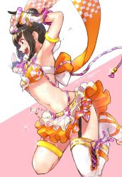 Rule 34 | 1girl, armpits, arms up, black gloves, blush, brown hair, commentary, frilled skirt, frills, from side, garter straps, gloves, gojarun, green eyes, hair bun, hamaguchi ayame, highres, holding, holding microphone, idol, idol clothes, idolmaster, idolmaster cinderella girls, jumping, microphone, midriff, miniskirt, navel, ninja, open mouth, partially fingerless gloves, pink background, sandals, scarf, simple background, single hair bun, single thighhigh, sketch, skirt, smile, solo, sweat, teeth, thigh strap, thighhighs, twitter username, yellow scarf