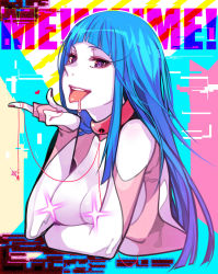 Rule 34 | 1girl, blue hair, breasts, choker, curryuku, highres, hime cut, lens flare, me!me!me!, meme (me!me!me!), simple background, solo, string, tongue, tongue out, upper body