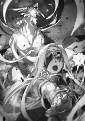 Rule 34 | 1girl, alice zuberg, amayori (sao), armor, breath weapon, breathing fire, bunbun, dragon, eyepatch, fire, floating hair, gauntlets, greyscale, hair intakes, hairband, highres, long hair, monochrome, novel illustration, official art, open mouth, outstretched arm, solo, sword art online, very long hair