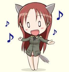 Rule 34 | 00s, 1girl, animal ears, chibi, lowres, minna-dietlinde wilcke, music, musical note, panties, red hair, singing, solo, strike witches, tail, underwear, uniform, world witches series