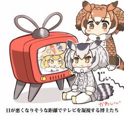 Rule 34 | 10s, 3girls, :&lt;, bird tail, blonde hair, blush stickers, brown eyes, brown hair, coat, drooling, eurasian eagle owl (kemono friends), fur trim, grey hair, holding, jaguar (kemono friends), kemono friends, kemono friends pavilion, long sleeves, multicolored hair, multiple girls, northern white-faced owl (kemono friends), paddle, pantyhose, short hair, simple background, sitting, streaked hair, tail, tanaka kusao, television, translation request, white background, white legwear, winter clothes, winter coat