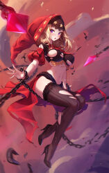 Rule 34 | 1girl, blonde hair, blue eyes, chain, covered erect nipples, frilled garter, gypsy, hood, jewelry, midriff, mitsu (mitsu art), navel, odin sphere, open mouth, puff and slash sleeves, puffy sleeves, red hood, ring, showgirl skirt, sitting, solo, striped clothes, striped thighhighs, thighhighs, thighs, torn clothes, torn thighhighs, velvet (odin sphere), vertical-striped clothes, vertical-striped thighhighs