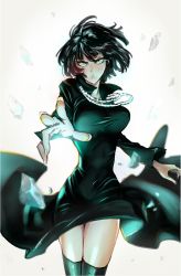 Rule 34 | &gt;:(, 1girl, bad id, bad pixiv id, black dress, black hair, blunt bangs, breasts, covered navel, cropped legs, dress, eyelashes, fingernails, frown, fubuki (one-punch man), green eyes, ice, jewelry, large breasts, lips, long sleeves, looking at viewer, necklace, one-punch man, reroi, short hair, simple background, solo, thigh gap, thighhighs, v-shaped eyebrows, white background, wind, wind lift, zettai ryouiki