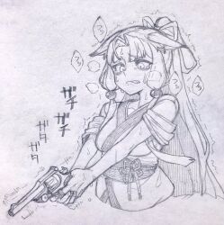 Rule 34 | 1girl, animal ears, bags under eyes, break-action revolver, collarbone, commentary request, cropped torso, ears down, flower knot, fox ears, fox girl, furrowed brow, graphite (medium), greyscale, grimace, gun, hair ribbon, handgun, heavy breathing, high ponytail, highres, holding, holding gun, holding weapon, japanese clothes, kimono, monochrome, nervous sweating, obi, obijime, outstretched arms, parted bangs, revolver, ribbon, sash, short kimono, sidelocks, sketch, sleeves rolled up, solo, sound effects, sweat, tearing up, toriniku29, touhoku itako, traditional media, translation request, trembling, two-handed, two-handed handgun grip, voiceroid, weapon