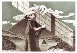Rule 34 | ambiguous gender, black eyes, black shirt, cloud, commentary request, feet out of frame, gloves, highres, mount fuji, original, paintbrush, painting (action), satsuki kometani, shadow, shirt, short sleeves, solo, standing, white gloves
