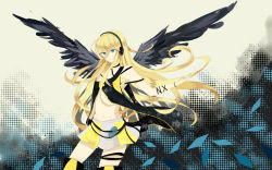 Rule 34 | 1girl, absurdres, blonde hair, blue eyes, boots, headphones, highres, lily (vocaloid), long hair, midriff, navel, skirt, smile, solo, sya (north to antarctic), thigh boots, thighhighs, very long hair, vocaloid, wings