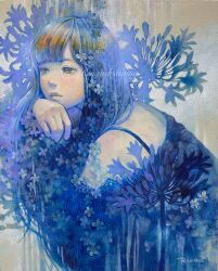 Rule 34 | 1girl, bare shoulders, black dress, black hair, blue theme, brown eyes, commentary request, dress, flower, head rest, highres, long hair, looking to the side, oil painting (medium), original, painting (medium), ringodrawing, solo, spider lily, traditional media, upper body
