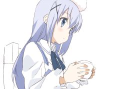 Rule 34 | 1girl, blue eyes, blue hair, blue ribbon, blue vest, chair, closed mouth, collared shirt, cup, drink, expressionless, from side, gochuumon wa usagi desu ka?, hair between eyes, hair ornament, hands up, hibimegane, holding, holding cup, kafuu chino, light blue hair, long hair, long sleeves, looking away, neck ribbon, negative space, out of frame, partially colored, rabbit house uniform, ribbon, shirt, sidelocks, simple background, sitting, solo, solo focus, tareme, teacup, tippy (gochiusa), upper body, vest, white background, white shirt, wing collar, x hair ornament