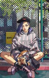 Rule 34 | 1girl, against fence, animal, animal on lap, baseball cap, cat, chain-link fence, cpieng, earrings, fashion, fence, hair over one eye, hat, headpat, highres, indian style, japan, jewelry, long hair, nail polish, on lap, original, oversized clothes, pink eyes, platform footwear, purple hair, real world location, sitting, socks, solo, sportswear, streetwear, striped, vertical stripes