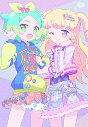 Rule 34 | 2girls, :d, blonde hair, blue hoodie, bow, closed mouth, clothes writing, cowboy shot, fang, frilled skirt, frills, green eyes, green hair, hair bow, hair ornament, hand on own cheek, hand on own face, hand up, highres, hood, hood down, hoodie, idol time pripara, jacket, ku (residual666), long hair, long sleeves, looking at viewer, multicolored hair, multiple girls, nijiiro nino, one eye closed, open mouth, pink jacket, pretty series, print skirt, pripara, purple eyes, purple shirt, purple skirt, ringlets, shirt, short hair, skirt, smile, standing, star (symbol), star hair ornament, two side up, yumekawa yui