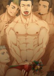 Rule 34 | 4boys, abs, bara, christmas, licking lips, looking at viewer, male focus, multiple boys, muscular, naughty face, smile, tongue, tongue out, underwear, undressing, yaoi