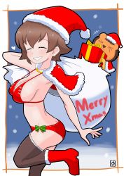 Rule 34 | +++, 1girl, absurdres, arm up, artist name, bikini, black thighhighs, boots, bow, bow bikini, breasts, brown hair, christmas, closed eyes, commentary request, english text, facing viewer, freckles, frilled thighhighs, frills, from side, gift, girls und panzer, girls und panzer senshadou daisakusen!, grin, halterneck, hat, heart, highres, holding, holding sack, leg up, leopon (animal), medium breasts, merry christmas, official alternate costume, over shoulder, red bikini, red footwear, red hat, sack, santa bikini, santa boots, santa hat, short hair, signature, smile, solo, standing, standing on one leg, stuffed animal, stuffed toy, swimsuit, thighhighs, tsuchiya (girls und panzer), yb norio