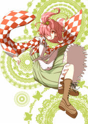 Rule 34 | 1girl, apron, bell, boots, checkered clothes, checkered kimono, clothes writing, cross-laced footwear, female focus, hair bell, hair ornament, japanese clothes, jingle bell, kimono, kuronuko neero, lace-up boots, long sleeves, looking at viewer, md5 mismatch, motoori kosuzu, open mouth, pink hair, red eyes, short hair, smile, solo, touhou, twintails, two side up, wide sleeves