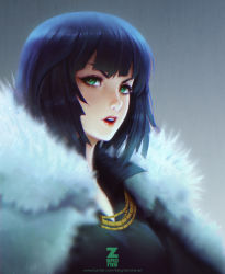 Rule 34 | 1girl, blue hair, coat, eyebrows, fubuki (one-punch man), fur collar, green eyes, highres, lips, looking at viewer, one-punch man, parted lips, short hair, solo, zeronis