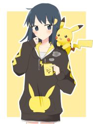 Rule 34 | 1girl, black hair, blush, border, character print, closed mouth, commentary request, creatures (company), cup, dawn (pokemon), eyelashes, game freak, gen 1 pokemon, grey eyes, hair ornament, hairclip, highres, holding, holding cup, hood, hoodie, long hair, mug, nintendo, ohn pkmn, on shoulder, outline, pikachu, pokemon, pokemon (creature), pokemon bdsp, pokemon on shoulder, steam, white border, yellow background