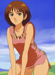 Rule 34 | 1girl, blue sky, breasts, brown eyes, brown hair, character request, closed mouth, cloud, collarbone, feet out of frame, female pubic hair, haruyama kazunori, jewelry, looking at viewer, magatama, magatama necklace, necklace, pubic hair, retro artstyle, short hair, sky, small breasts, smile, solo