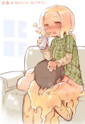 Rule 34 | 1boy, 1girl, 7010, :d, asphyxiation, black hair, blonde hair, blush, bottomless, commentary request, couch, cunnilingus, cup, drink, drinking straw, drowning, hand on another&#039;s head, heart, hetero, holding, monster girl, open mouth, oral, pillow, ponytail, red eyes, ribbed sweater, sitting, slime girl, smile, sweat, sweater, translated