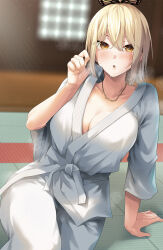 Rule 34 | 1girl, :o, asakura ageha, blonde hair, blurry, blurry background, blush, breasts, cleavage, collarbone, commentary request, hair ornament, highres, jewelry, large breasts, long sleeves, looking at viewer, necklace, no bra, official art, open mouth, ryouma (galley), sitting, solo, yellow eyes, yumeochi - yume de bokura wa koi ni ochiru