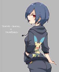 Rule 34 | 10s, 1girl, ass, bad id, bad twitter id, blue hair, copyright name, cosplay, creatures (company), delinquent (pokemon), delinquent (pokemon) (cosplay), from behind, game freak, gen 3 pokemon, grey background, hair over one eye, hand in pocket, hood, hoodie, kirishima touka, looking back, minun, mootor, nintendo, open mouth, outline, poke ball, pokemon, pokemon oras, red eyes, short hair, simple background, solo, star (symbol), tokyo ghoul
