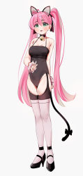Rule 34 | 1girl, absurdres, ahoge, animal ears, arm behind back, bare shoulders, bell, black bow, black footwear, black leotard, black ribbon, bow, breasts, cat ears, cat tail, commentary, full body, garter straps, gdd (vkejr702), green eyes, grey thighhighs, hair ribbon, high heels, highres, jingle bell, leotard, long hair, looking at viewer, medium breasts, neck bell, open mouth, original, pink hair, ribbon, scrunchie, simple background, solo, standing, tail, tail bow, tail ornament, teeth, thighhighs, twintails, upper teeth only, very long hair, w, wrist scrunchie