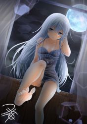 Rule 34 | 10s, 1girl, alternate costume, bare arms, bare shoulders, barefoot, black panties, blue eyes, blush, breasts, cameltoe, camisole, closed mouth, collarbone, curtains, full moon, hibiki (kancolle), jewelry, kantai collection, long hair, looking at viewer, moon, moonlight, night, no headwear, panties, pantyshot, pendant, sidelocks, silver hair, sitting, small breasts, soles, solo, toes, underwear, very long hair, window, yua (checkmate)