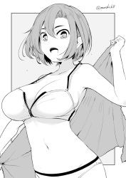 Rule 34 | 1girl, bikini, breasts, cleavage, greyscale, kichihachi, large breasts, monochrome, navel, original, parted bangs, short hair, solo, standing, stomach, swimsuit, towel
