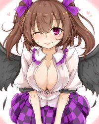 Rule 34 | black wings, breasts, brown hair, checkered clothes, checkered skirt, cleavage, feathered wings, heart, highres, himekaidou hatate, large breasts, neko mata, one-hour drawing challenge, one eye closed, open clothes, open shirt, purple eyes, purple skirt, shirt, simple background, skirt, smile, solo, touhou, twintails, white shirt, wings