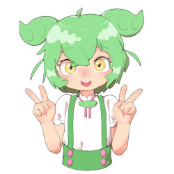 Rule 34 | 1girl, :d, ag-kemono (1035411828), ahoge, blouse, blush stickers, bolo tie, chinese commentary, commentary request, dot nose, double v, flat chest, green hair, green suspenders, hair between eyes, looking at viewer, open mouth, pea pod, shirt, short hair, short sleeves, short twintails, shorts, simple background, smile, suspender shorts, suspenders, teeth, twintails, upper body, upper teeth only, v, voicevox, w arms, white background, white shirt, yellow eyes, zundamon