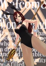 Rule 34 | 1girl, animal ears, arm tattoo, armpits, black bow, black bowtie, black eyes, black leotard, bow, bowtie, breasts, brown eyes, card, charm (object), cleavage, cowboy shot, cube, detached collar, dutch angle, erza scarlet, fairy tail, fake animal ears, female focus, grey pantyhose, grin, hair between eyes, hand on own hip, hip focus, holding, holding weapon, jpeg artifacts, kemonomimi mode, large breasts, legs apart, leotard, long hair, mashima hiro, official art, outstretched arm, pantyhose, playboy bunny, playing card, polearm, rabbit ears, red hair, sideboob, sidelocks, smile, solo, spear, staff, standing, strapless, strapless leotard, tattoo, text focus, weapon, wrist cuffs