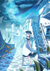 Rule 34 | 1girl, absurdres, barefoot, black headwear, blue eyes, blue theme, blurry, cityscape, closed mouth, clownfish, depth of field, dress, fish, fish request, flying whale, frilled dress, frills, highres, lex suri12, light blush, long hair, looking at viewer, looking back, original, railing, scenery, sidelocks, sleeveless, sleeveless dress, stairs, standing, stingray, underwater city, very long hair, whale, white dress, white hair, wide shot, window
