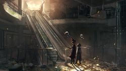 Rule 34 | 2others, ambiguous gender, balloon, cloud, coat, commentary, dress, escalator, hat, highres, holding, holding balloon, long sleeves, multiple others, open clothes, open coat, original, overgrown, railing, ruins, scenery, shizui fen, silhouette, sunlight, sunset, trash, witch hat