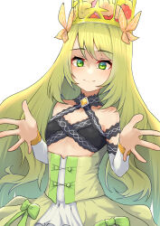 Rule 34 | 1girl, bare shoulders, blonde hair, bow, breasts, celine (fire emblem), commentary request, crown, detached sleeves, dress, fire emblem, fire emblem engage, green bow, green dress, green eyes, highres, long hair, long sleeves, looking at viewer, nintendo, shutchi, simple background, small breasts, smile, solo, upper body, very long hair, white background