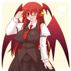 Rule 34 | 1girl, arayama reiichi, blush, breasts, covered erect nipples, fang, female focus, hair ribbon, impossible clothes, impossible shirt, koakuma, large breasts, long hair, one eye closed, red eyes, red hair, ribbon, shirt, solo, touhou, wings, wink