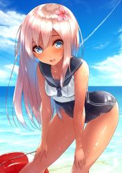 Rule 34 | 10s, 1girl, agarwood, arched back, bent over, blonde hair, blue eyes, blush, cloud, contrail, cowboy shot, crop top, day, flower, hair flower, hair ornament, hands on own knees, kantai collection, leaning forward, lifebuoy, looking at viewer, one-piece tan, open mouth, outdoors, ro-500 (kancolle), sailor collar, school swimsuit, sky, solo, swim ring, swimsuit, swimsuit under clothes, tan, tanline, wet, wet clothes