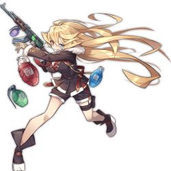 Rule 34 | 1girl, ahoge, ark order, black footwear, black jacket, black shorts, blonde hair, blue eyes, boots, breasts, brown gloves, chimera (ark order), explosive, floating hair, full body, fur-trimmed jacket, fur trim, gloves, grenade, grenade pin, gun, hair flaps, heterochromia, holding, holding gun, holding weapon, holster, hood, hooded jacket, jacket, kzhu, large breasts, long hair, mouth hold, official art, red eyes, shirt, shorts, solo, tachi-e, thigh holster, thigh strap, transparent background, very long hair, weapon, weapon request, white shirt, wing collar