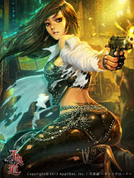 Rule 34 | 1girl, ass, back tattoo, black eyes, brown hair, casing ejection, chain, earrings, fingerless gloves, firing, foreshortening, furyou michi ~gang road~, gloves, gun, high heels, highres, holster, jewelry, kneeling, kurodo melissa, long hair, looking back, lots of jewelry, midriff, mole, official art, pantyhose, parted lips, shell casing, shirt, shoulder holster, solo, tattoo, torn clothes, torn pantyhose, torn shirt, tramp stamp, weapon, xaxak