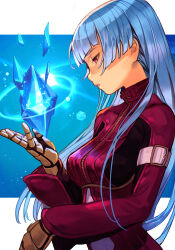 Rule 34 | 1girl, blue hair, blunt bangs, bodysuit, breasts, gloves, half-closed eyes, hand up, high collar, hungry clicker, ice, kula diamond, long hair, long sleeves, medium breasts, parted lips, purple bodysuit, purple eyes, snk, solo, the king of fighters, the king of fighters xv, upper body, yellow gloves