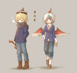 Rule 34 | 2girls, alternate costume, arinu, bird wings, blonde hair, book, hand in pocket, hat, head wings, horns, instrument, jacket, long sleeves, lunasa prismriver, multiple girls, open mouth, pants, red eyes, scarf, scarf over mouth, silver hair, smile, tokiko (touhou), touhou, violin, wings, winter clothes, yellow eyes