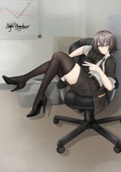Rule 34 | 1girl, absurdres, artist name, black jacket, black nails, black thighhighs, brown hair, chair, commentary request, full body, girls&#039; frontline, girls&#039; frontline 2: exilium, hair between eyes, high heels, highres, jacket, looking at viewer, necktie, nightwanderer98, office chair, one eye closed, open clothes, open jacket, orange eyes, portuguese commentary, scar, scar across eye, scar on face, shirt, short hair, shorts, sitting, striped necktie, swivel chair, thighhighs, ump45 (girls&#039; frontline), v, white shirt