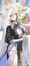 Rule 34 | 1girl, aponia (honkai impact), bags under eyes, balloon, black dress, breasts, brooch, butterfly brooch, cake, clock, commentary, dress, eye (tearlessflower), feet out of frame, flower, food, hair between eyes, highres, honkai (series), honkai impact 3rd, indoors, jewelry, large breasts, long sleeves, looking at viewer, nun, own hands clasped, own hands together, pelvic curtain, picture frame, red eyes, red flower, red rose, rose, serious, shorts, sidelocks, solo, table, tablecloth, veil, white flower, white shorts